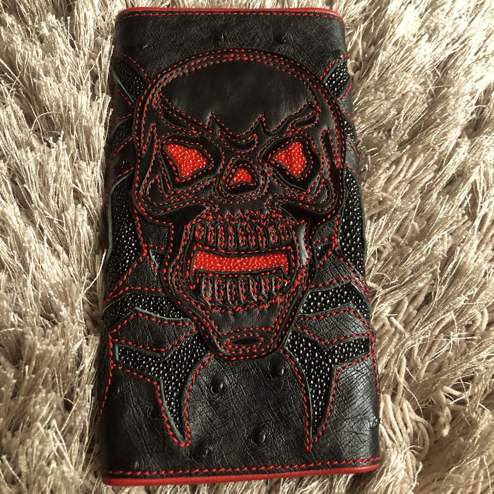 Handmade Stingray skull men card holder 3 separate compartments wallet Block Red